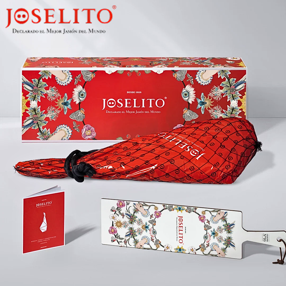 JOSELITO jamon iberico packaging set with red box, drawstring bag, and cutting board and manual.