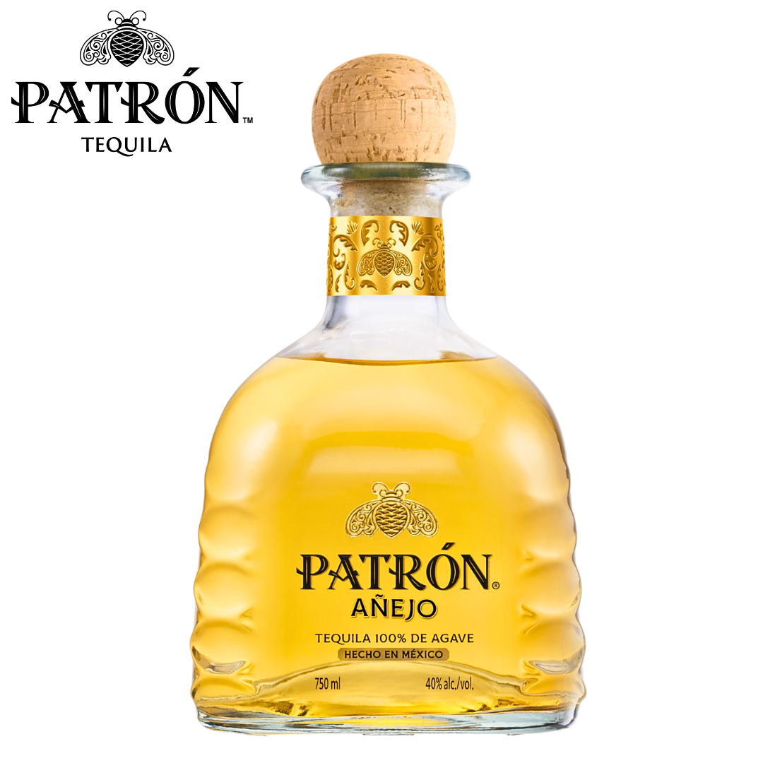 Patrón Añejo Tequila bottle made from 100 percent Blue Weber Agave