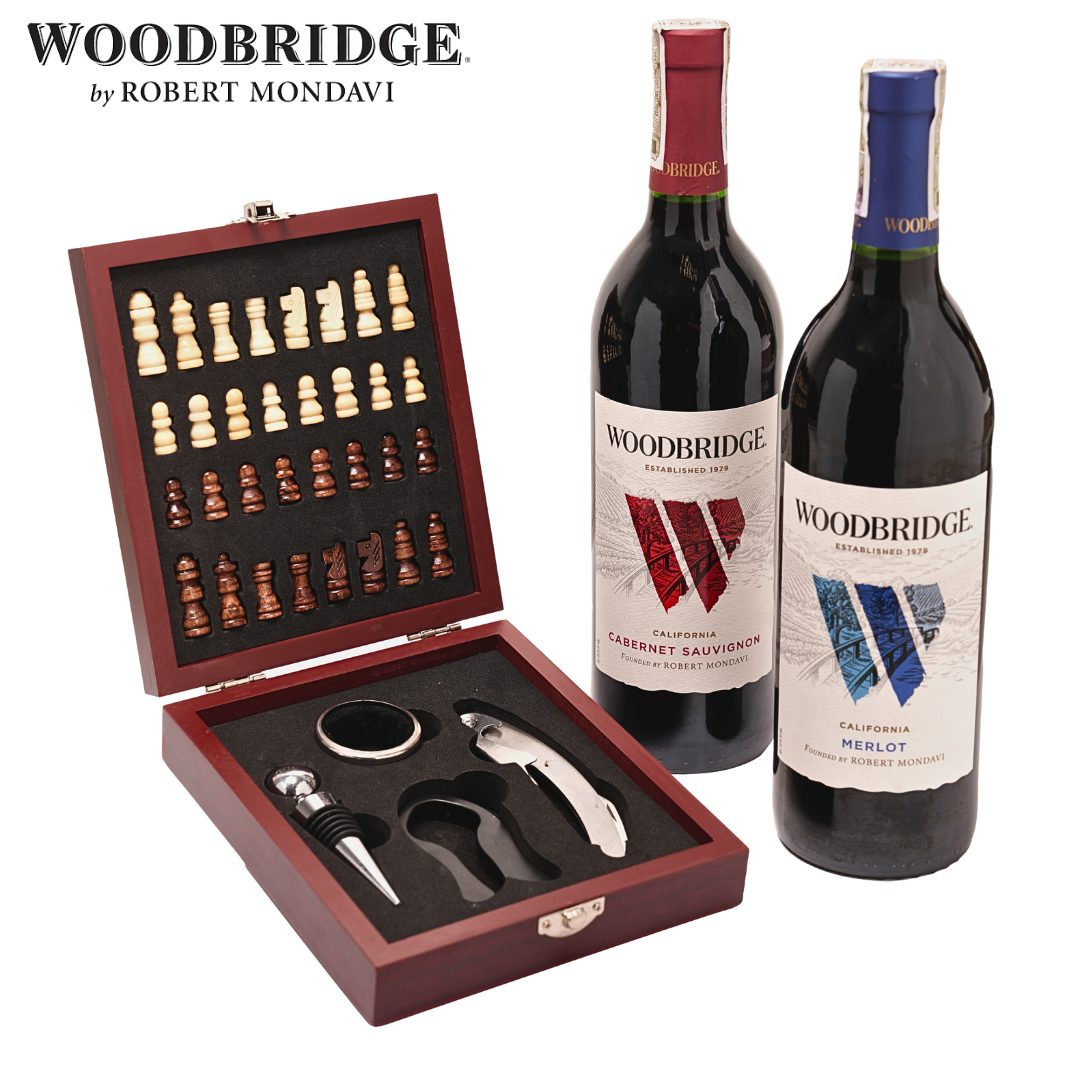 Robert Mondavi Woodbridge wine gift set with chessboard and bar tools