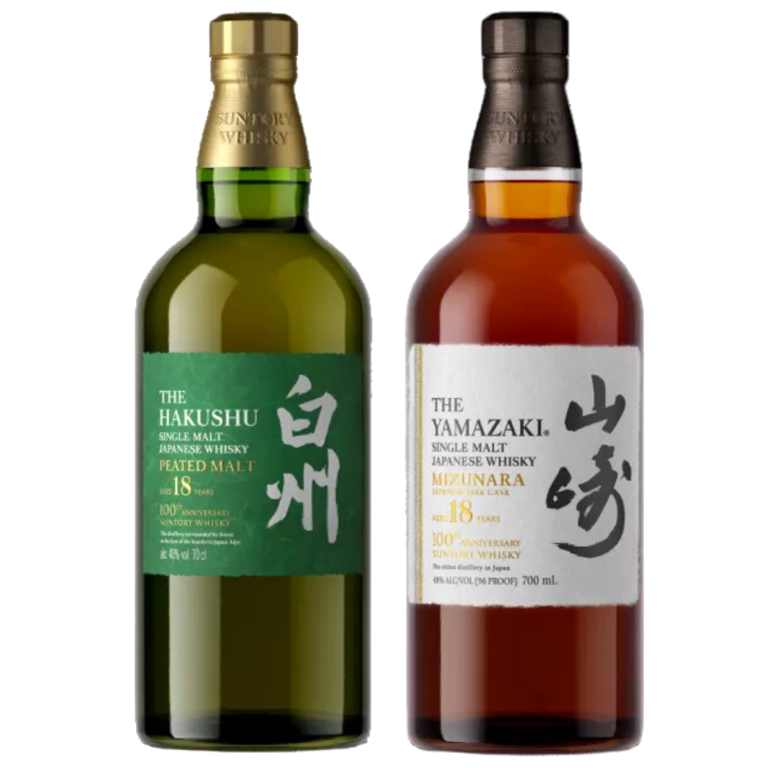 Yamazaki 18YO Mizunara & Hakushu 18YO Peated Malt 100th Anniversary Limited Edition Set Japanese Whisky