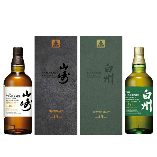 Yamazaki 18YO Mizunara & Hakushu 18YO Peated Malt 100th Anniversary Limited Edition Set Japanese Whisky