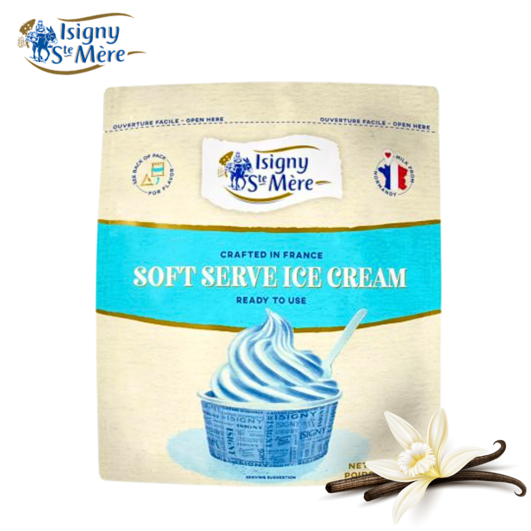 Isigny St Mere soft serve ice cream packaging with vanilla bean on a white background