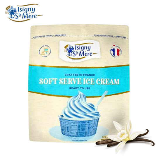 Isigny St Mere soft serve ice cream packaging with vanilla bean on a white background