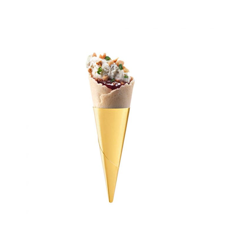 Masdeu Mini Waffle Cone Neutral Coating with raspberry and mascarpone