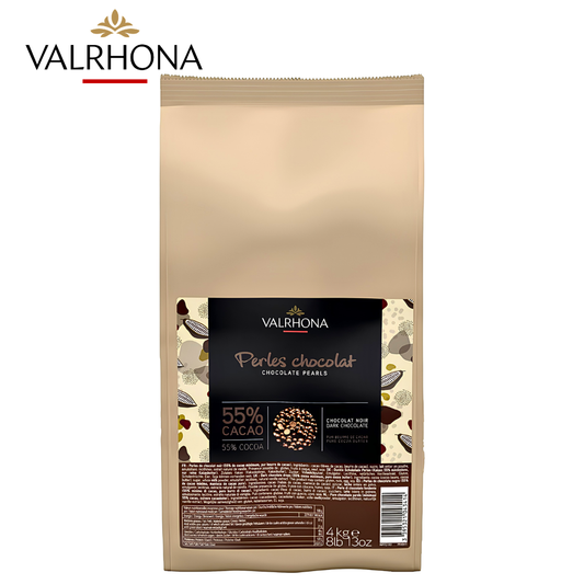 Valrhona Dark Chocolate Pearls made with 55% dark chocolate in a 4kg professional bag
